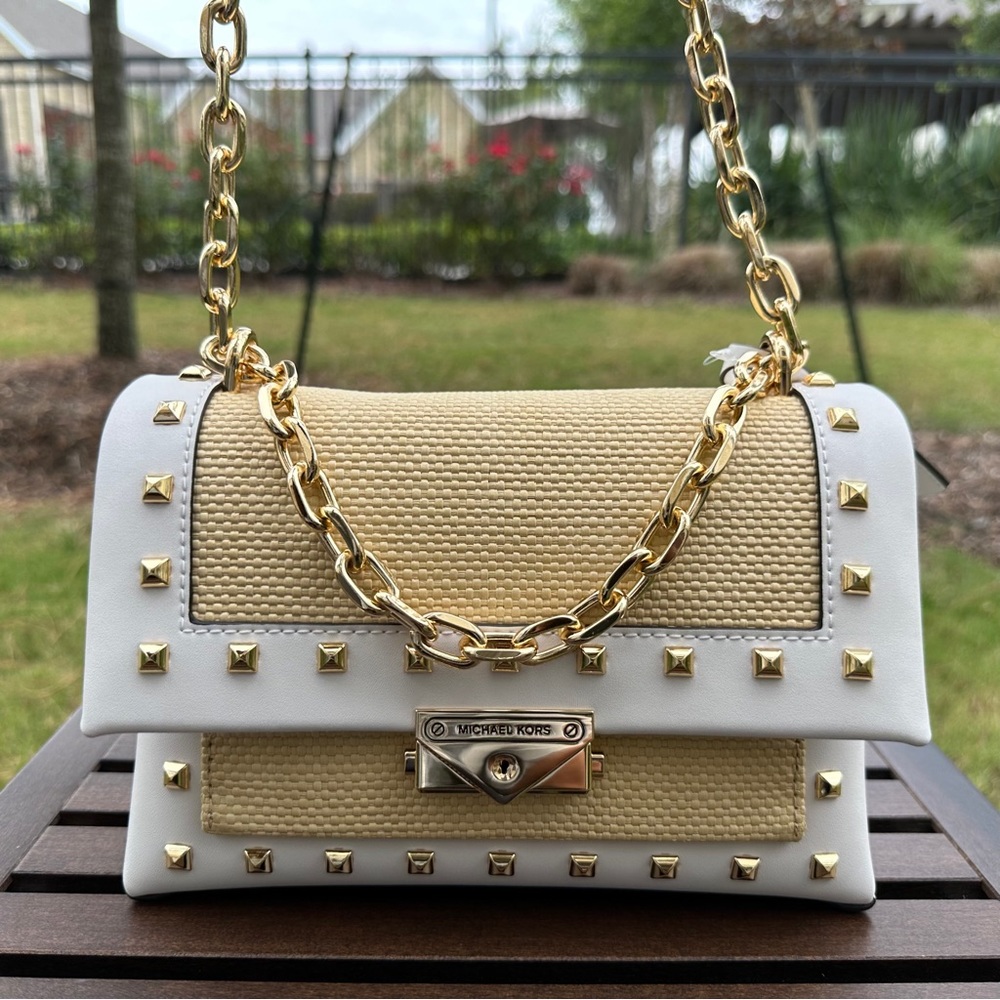❗️SOLD❗️ MICHAEL KORS Cece Medium Straw and Studded Faux Leather Shoulder Bag